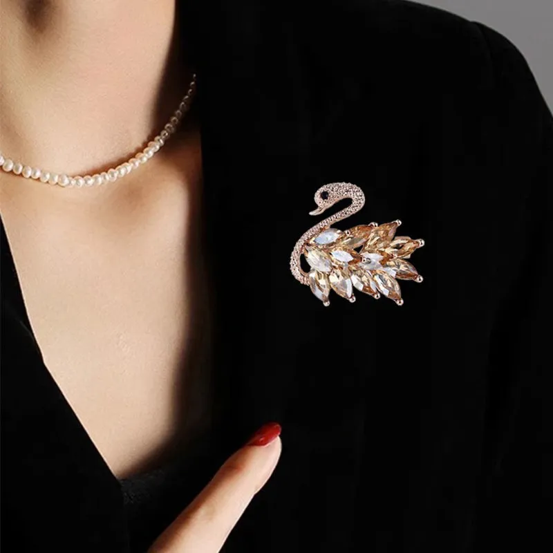 Women's Delicate Rhinestone Bejeweled Swan Brooch Pin