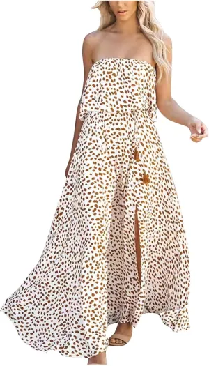 Women's Leopard Print Bustier Dress Waist Cinching High Elastic Dresses Ankle Length Split Sexy Flowy Sundress