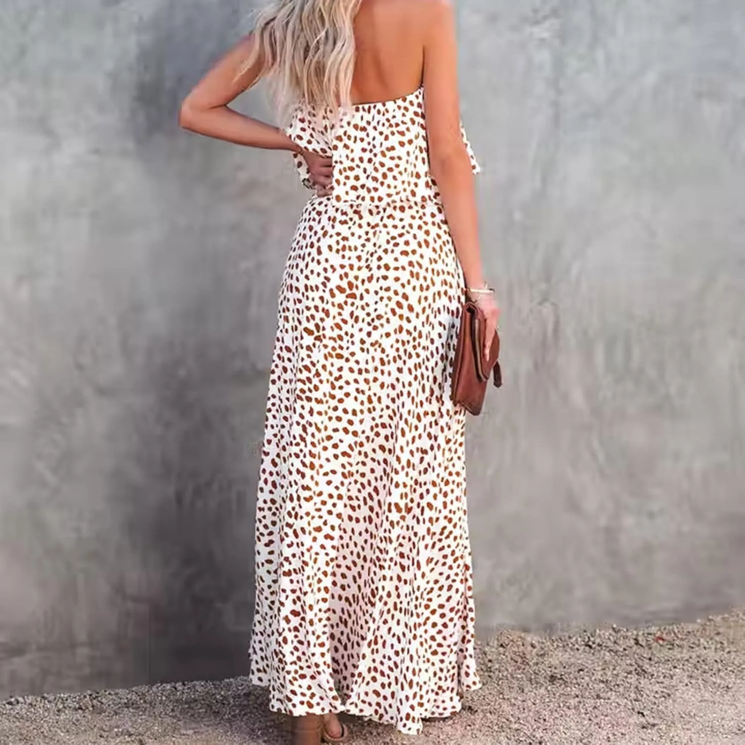 Women's Leopard Print Bustier Dress Waist Cinching High Elastic Dresses Ankle Length Split Sexy Flowy Sundress