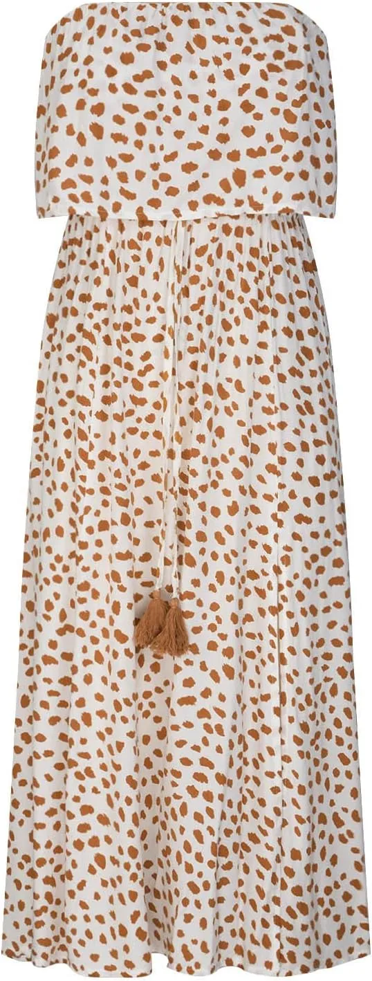 Women's Leopard Print Bustier Dress Waist Cinching High Elastic Dresses Ankle Length Split Sexy Flowy Sundress