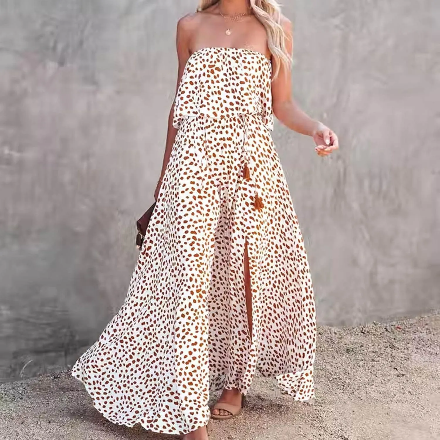 Women's Leopard Print Bustier Dress Waist Cinching High Elastic Dresses Ankle Length Split Sexy Flowy Sundress