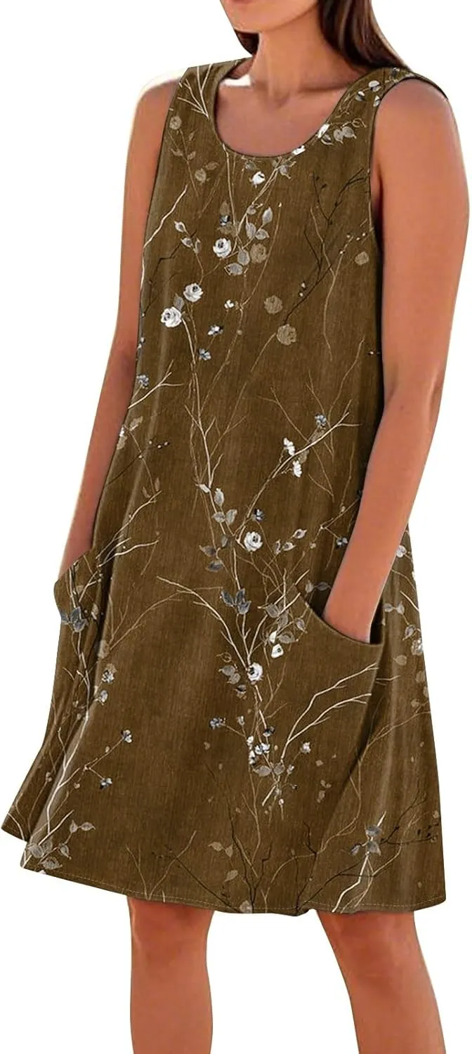 Women's Spring Dresses Round Neck Sleeveless Summer Sundresses Knee Length Tank with Pockets Vacation Dresses