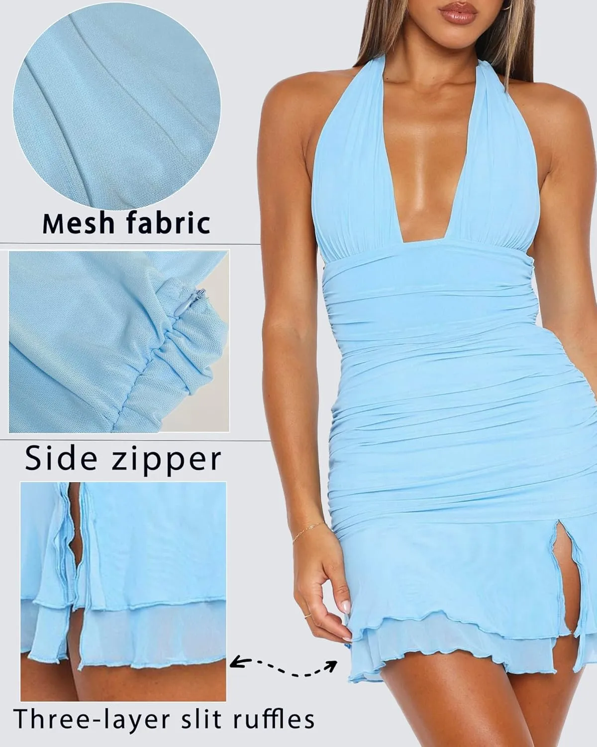 Women's Summer Halter Dresses Sexy V Neck Backless Side Slit Ruched Waist Ruffle Cocktail Party Mesh Bodycon Mini Dress