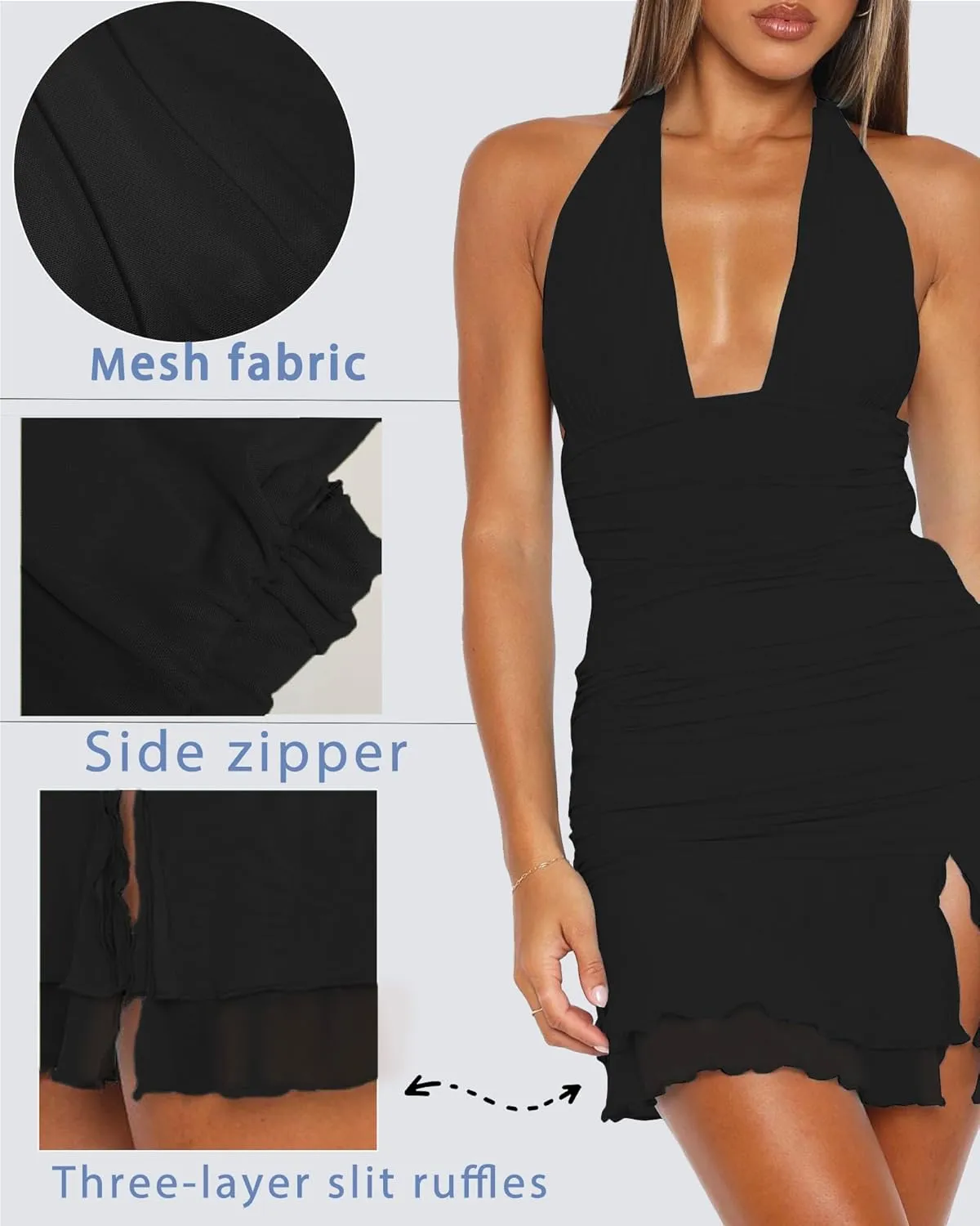 Women's Summer Halter Dresses Sexy V Neck Backless Side Slit Ruched Waist Ruffle Cocktail Party Mesh Bodycon Mini Dress