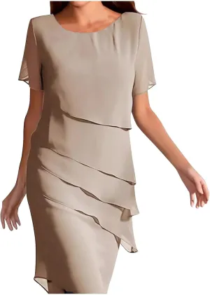 Women's Tiered Chiffon Dresses Pleated A Line Flowy Mini Dress Solid Color Long Dress Cocktail Party Evening Dresses