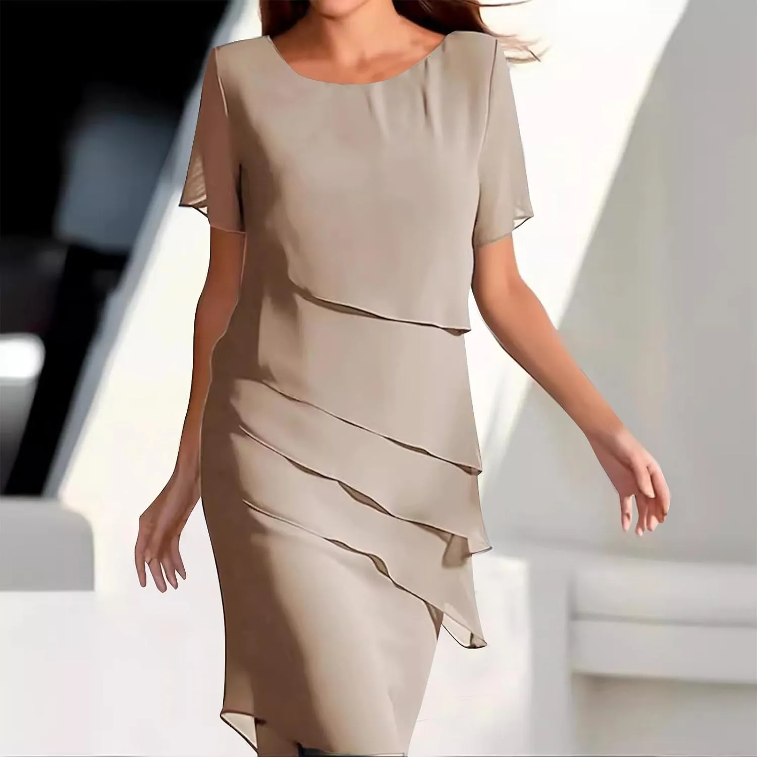 Women's Tiered Chiffon Dresses Pleated A Line Flowy Mini Dress Solid Color Long Dress Cocktail Party Evening Dresses